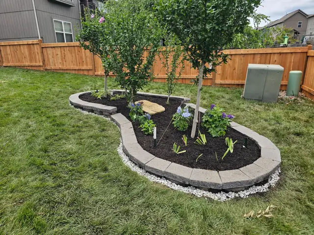 Curved block-edged island bed with trees, fresh mulch and a white rock border.