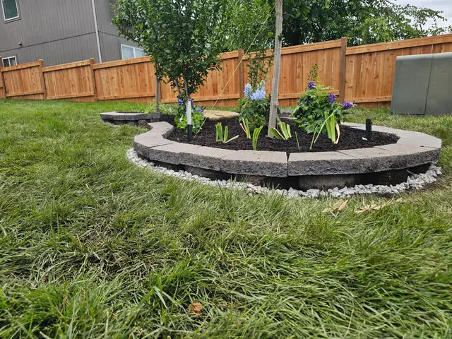 Raised block-edged bed around mature trees, freshly mulched.
