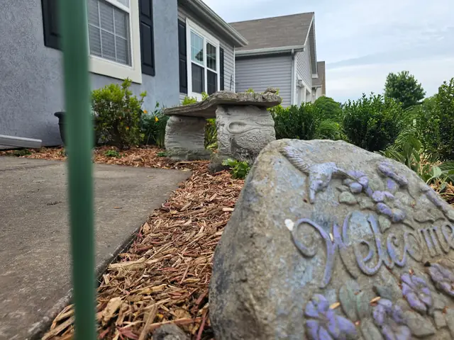 Mulched bed with a welcome boulder beside a front walkway.
